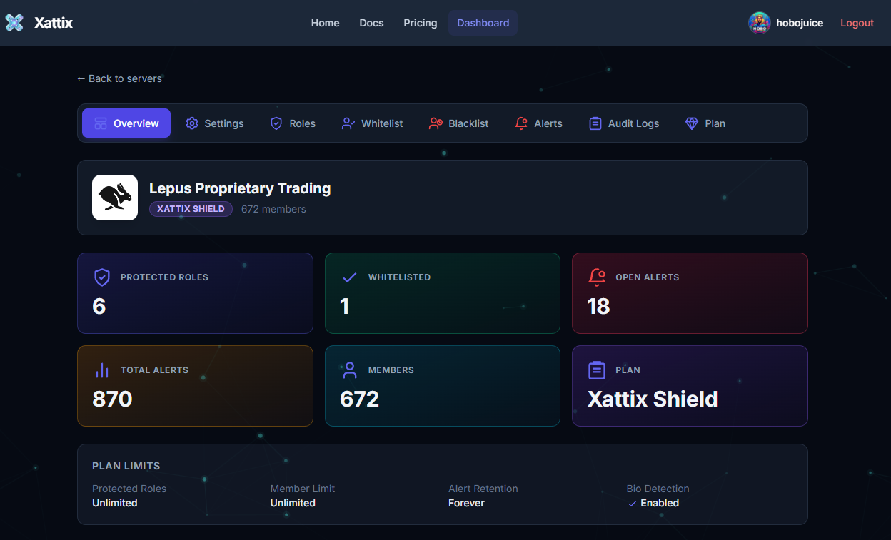 Xattix dashboard overview with server protection metrics