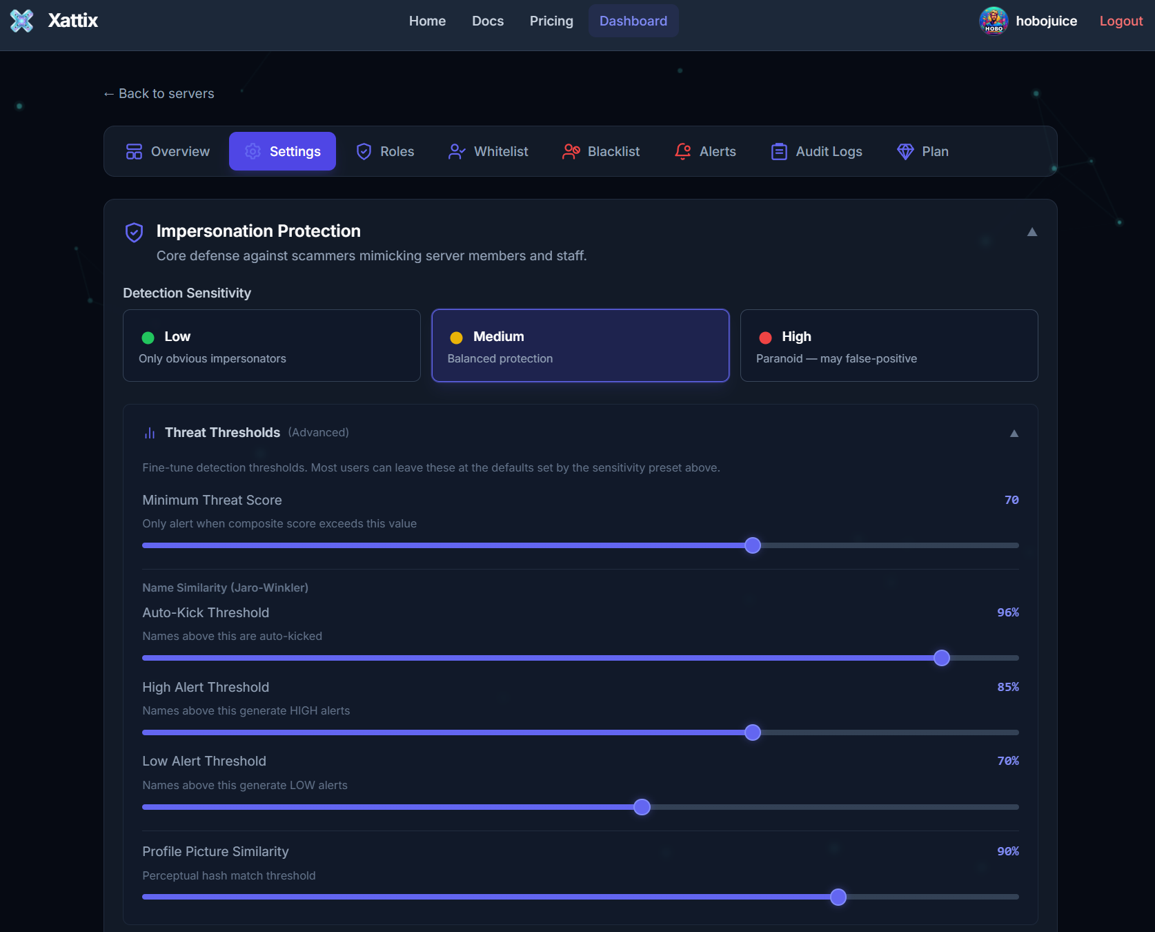 Xattix dashboard detection threshold settings