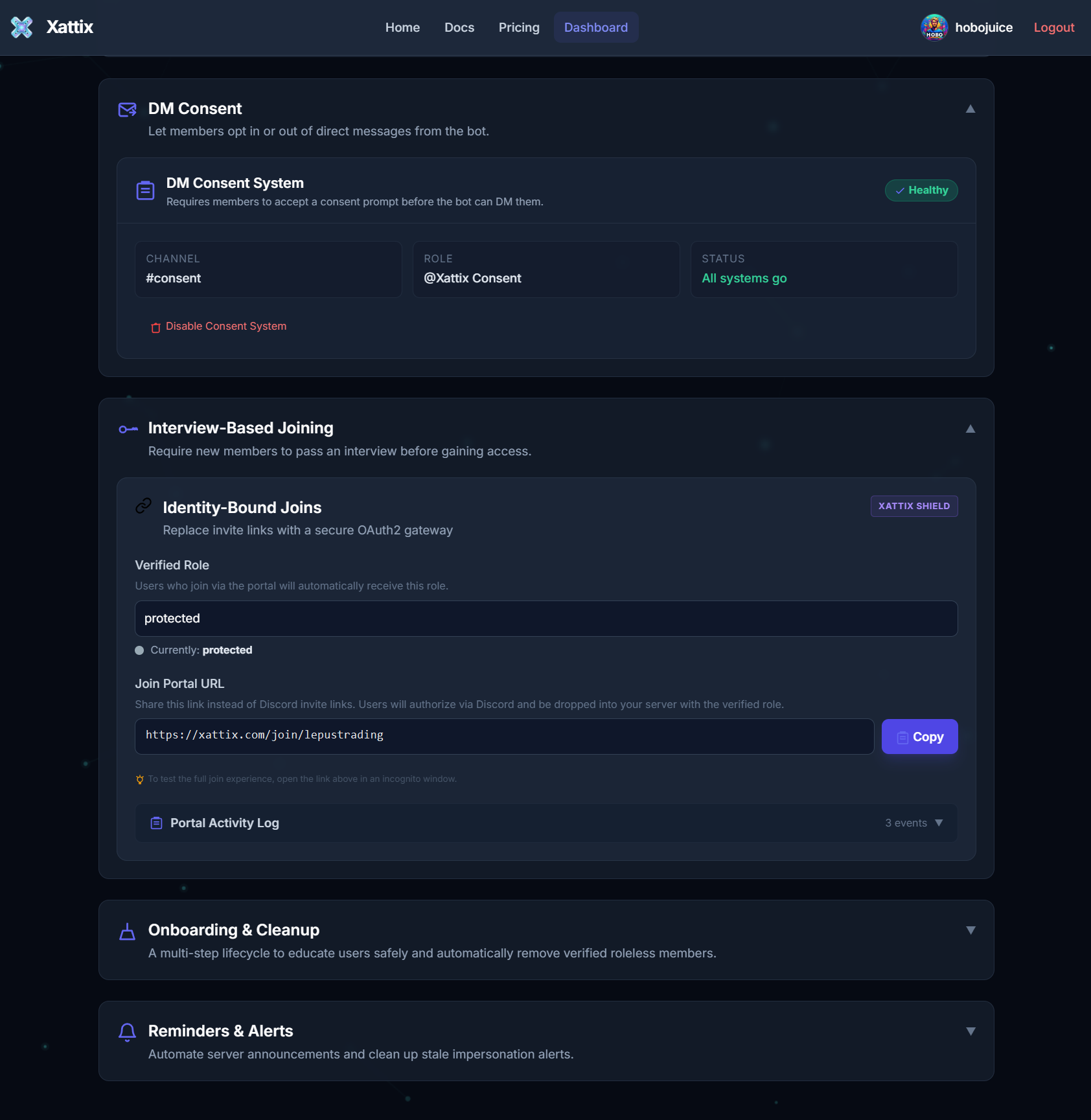Xattix dashboard identity-bound join portal settings