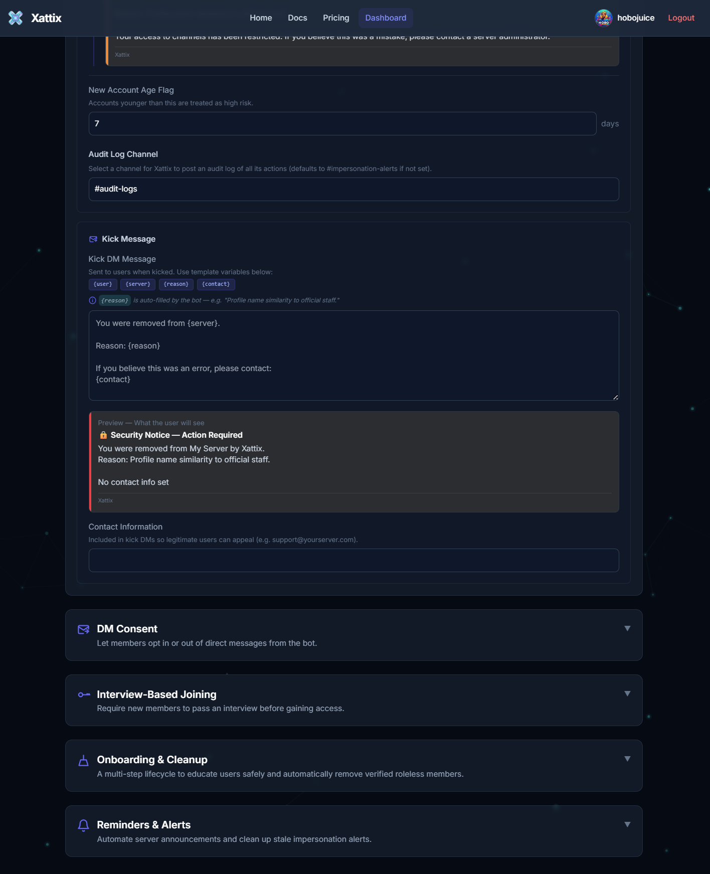 Xattix dashboard kick message settings