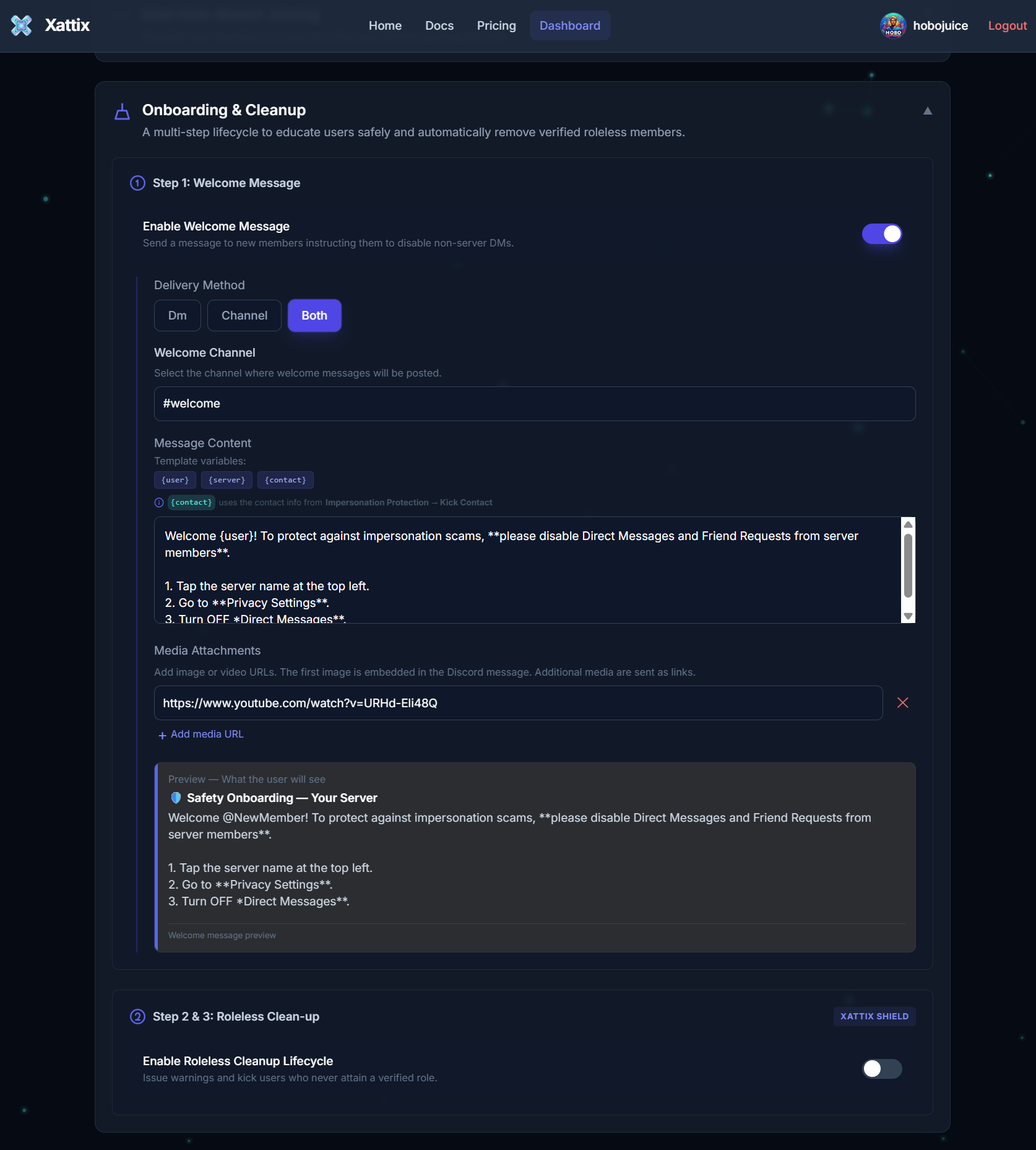 Xattix dashboard onboarding and cleanup settings