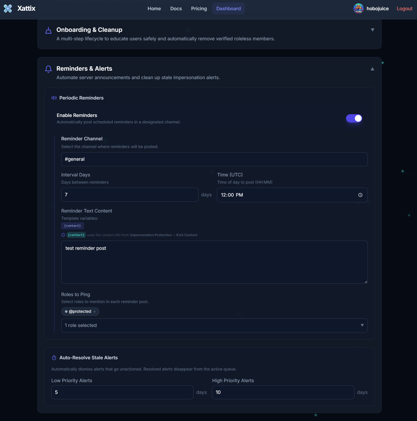 Xattix dashboard reminder and stale alert settings