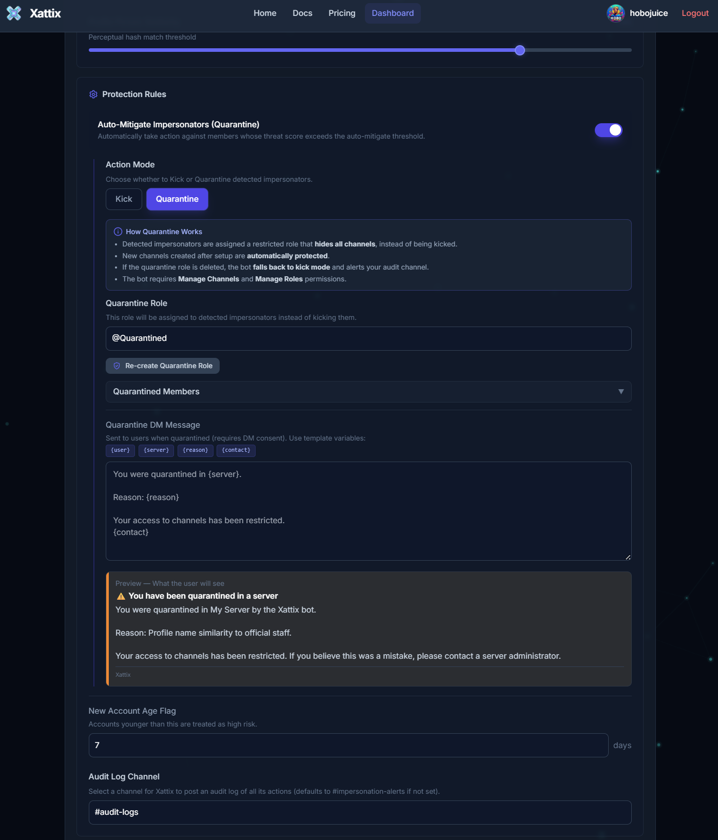 Xattix dashboard quarantine response settings